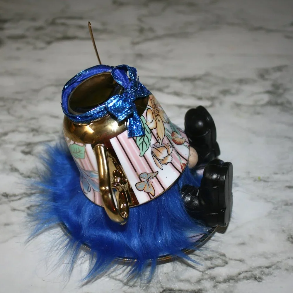HAND CRAFTED Gnome Tea Cup and Saucer Set Floral Metallic Home Decor Blue